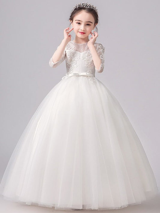 Floor-Length Sleeves 3/4 Scoop A-Line/Princess Lace Bowknot Flower Girl Dresses