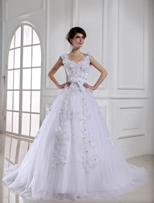 Gown Beading Tulle Satin Long Strapless Ball Sleeveless Wedding Dresses