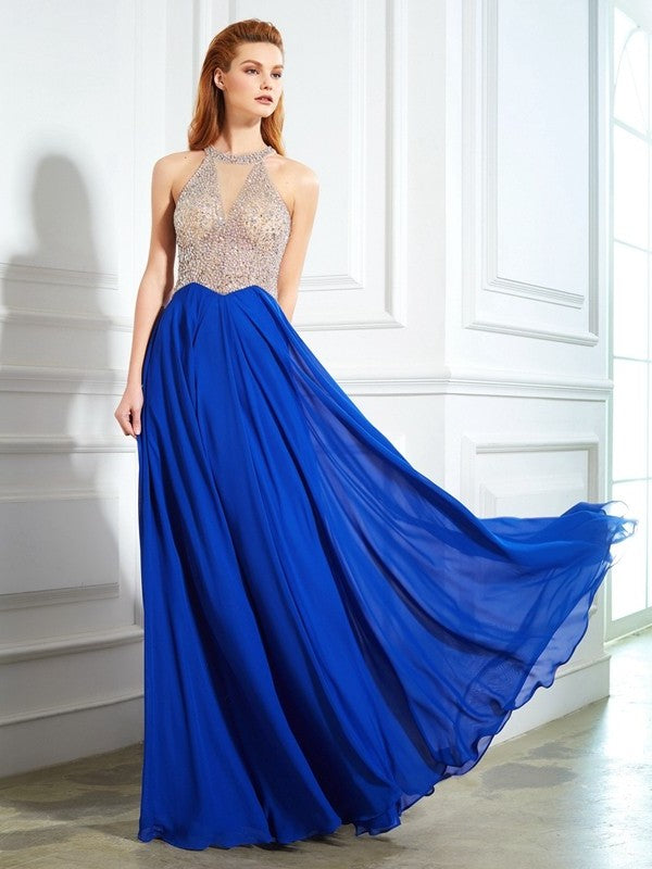 A-Line/Princess Floor-Length Sleeveless Scoop Crystal Chiffon Dresses
