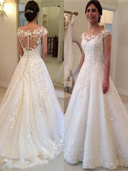 A-Line/Princess Lace Sleeveless Scoop Train Sweep/Brush Tulle Wedding Dresses