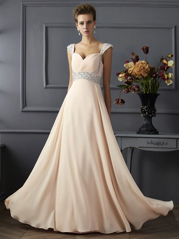 Long Sleeveless Straps A-Line/Princess Beading Chiffon Dresses
