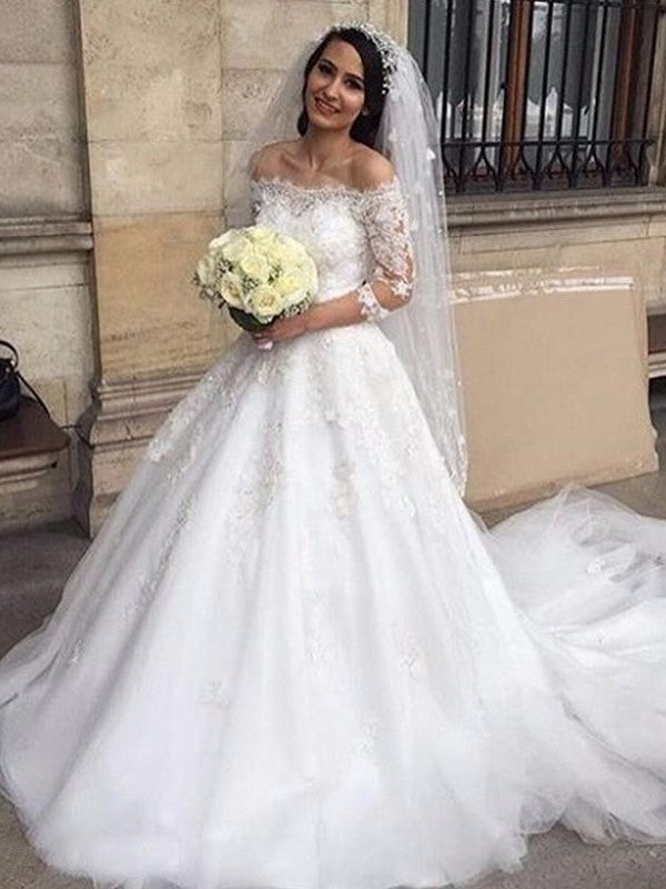 Ball Gown Applique 3/4 Chapel Off-the-Shoulder Tulle Sleeves Train Wedding Dresses