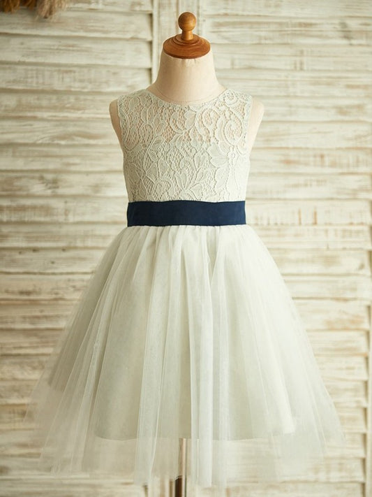 Knee-Length Tulle Sleeveless Scoop A-Line/Princess Lace Flower Girl Dresses