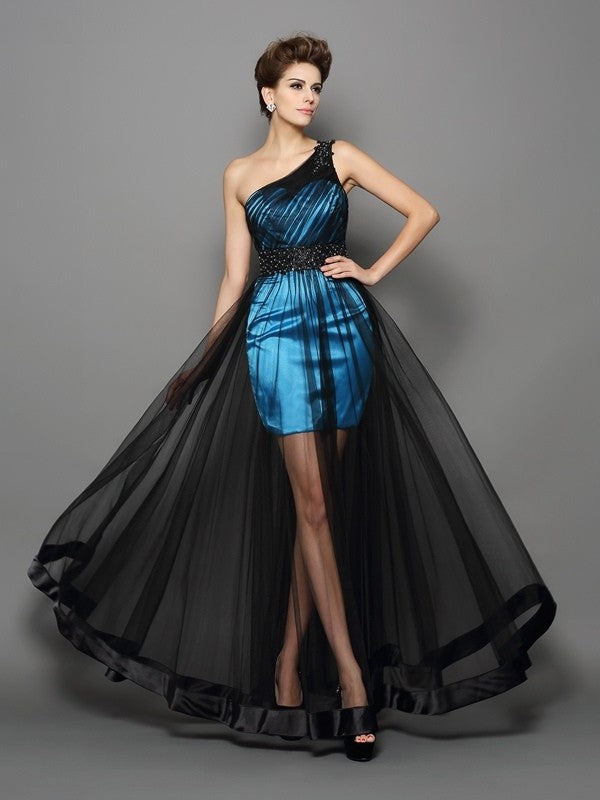 Sleeveless Elastic A-Line/Princess One-Shoulder Long Ruched Woven Satin Dresses