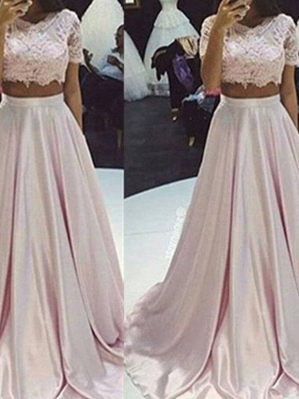 Silk like A-Line/Princess Sleeveless Floor-Length Satin Scoop Lace Two Piece Dresses