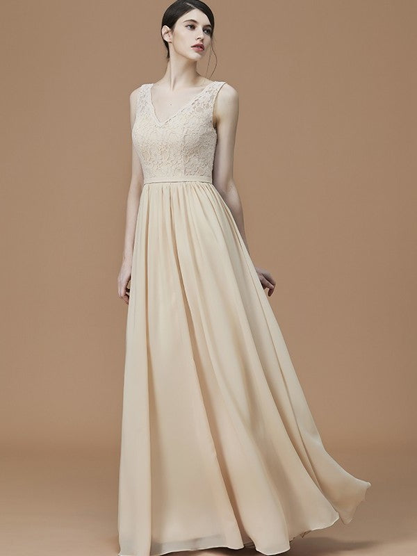 A-Line/Princess Ruffles Floor-Length V-neck Sleeveless Chiffon Bridesmaid Dresses