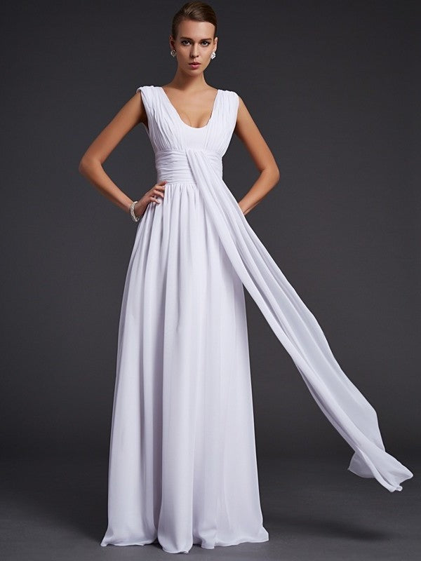 Sleeveless A-Line/Princess Pleats Jewel Long Chiffon Dresses