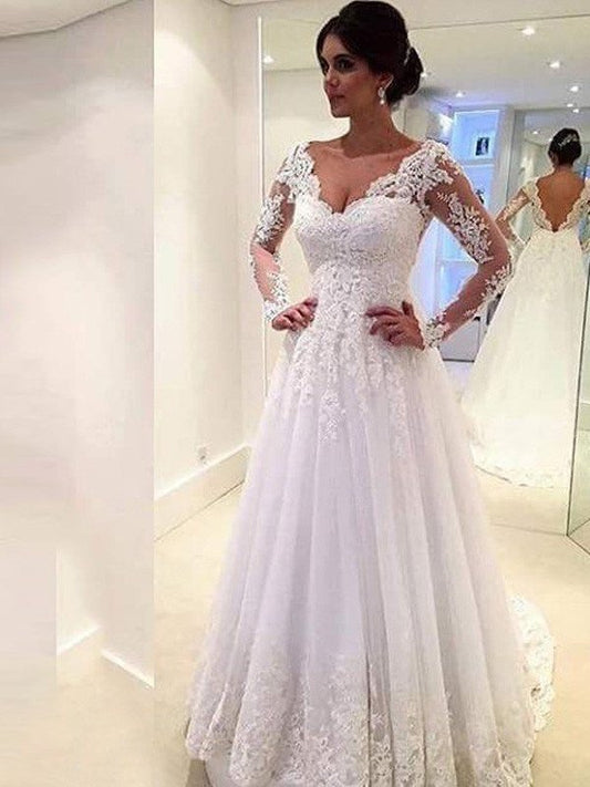Gown Lace Sleeves Ball Long Train Sweep/Brush V-neck Tulle Wedding Dresses