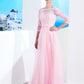 A-Line/Princess Floor-Length Sleeves Bateau 1/2 Applique Tulle Dresses