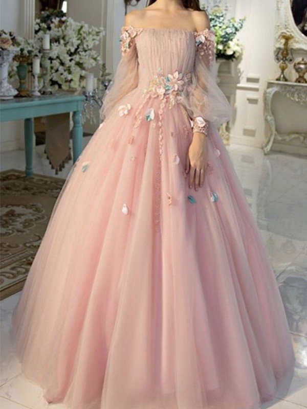 Long Ball Tulle Gown Hand-Made Off-the-Shoulder Sleeves Flower Floor-Length Dresses
