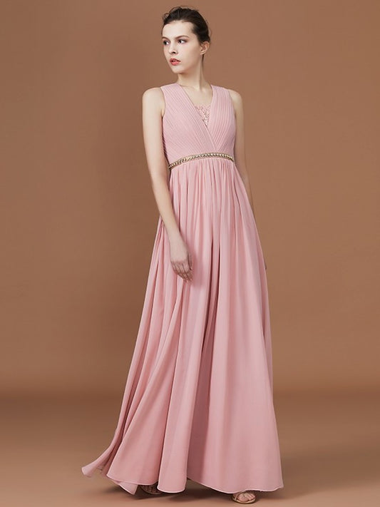 A-Line/Princess Chiffon Sleeveless Floor-Length Lace Ruched V-neck Bridesmaid Dresses