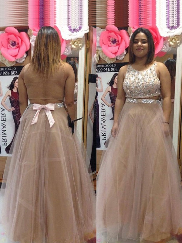Sleeveless Scoop Floor-Length A-Line/Princess Beading Tulle Plus Size Dresses