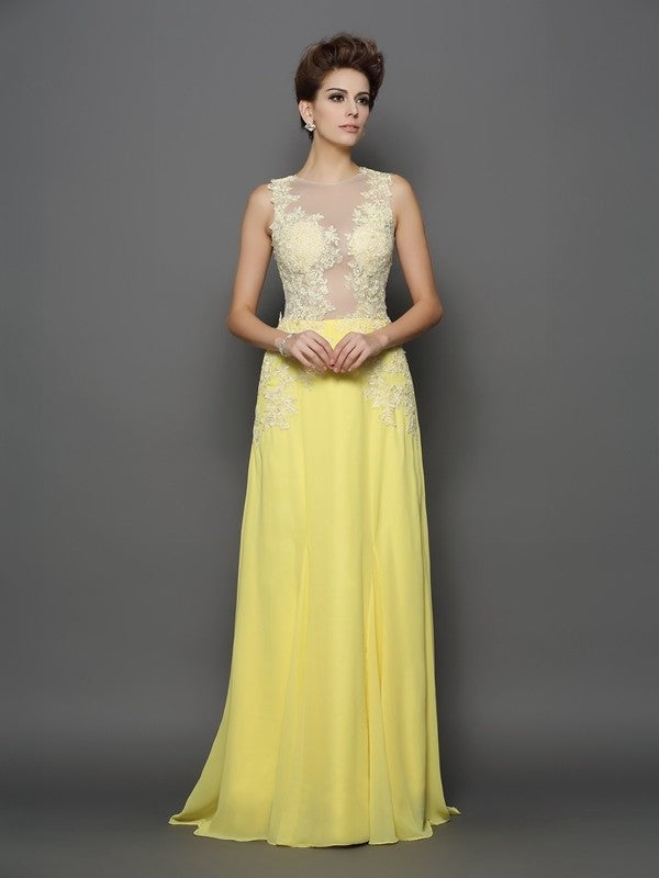 A-Line/Princess Scoop Lace Sleeveless Long Chiffon Dresses