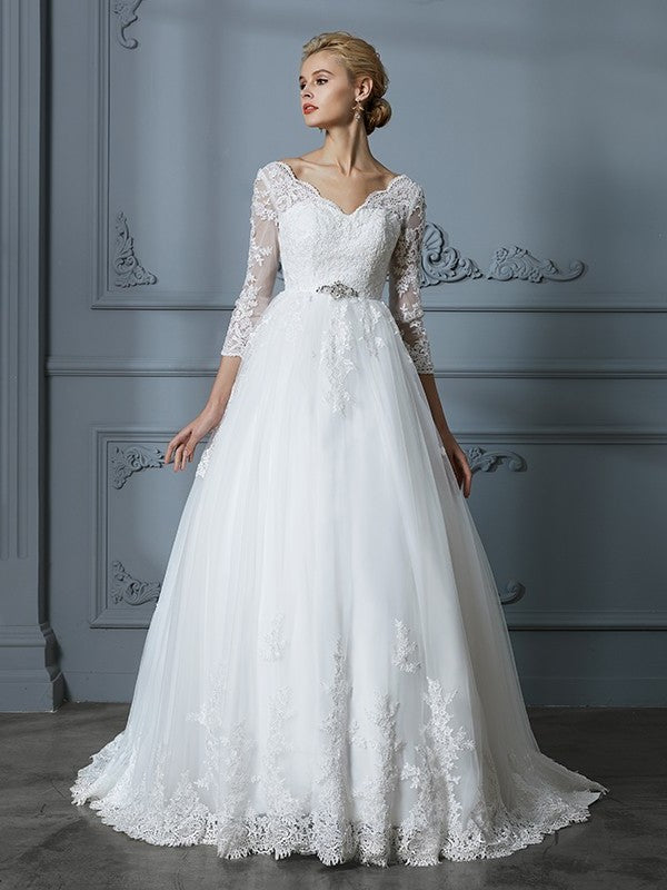 Sleeves V-neck Court Train 3/4 Gown Ball Lace Tulle Wedding Dresses