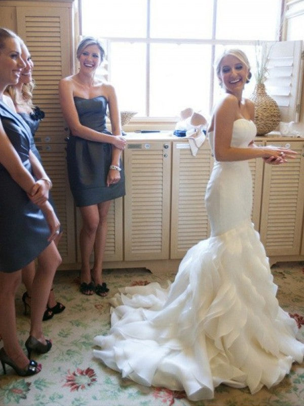 Court Sleeveless Trumpet/Mermaid Ruffles Train Sweetheart Satin Wedding Dresses