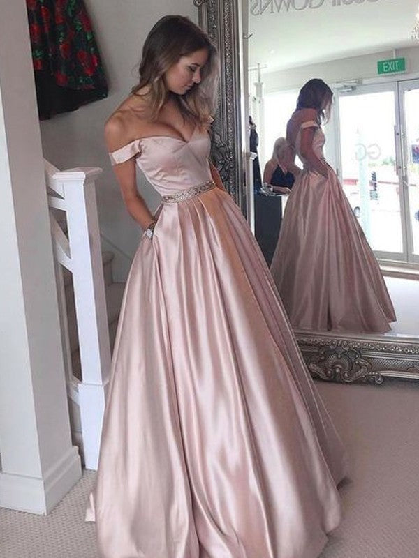 A-Line/Princess Sleeveless Off-the-Shoulder Floor-Length Satin Dresses