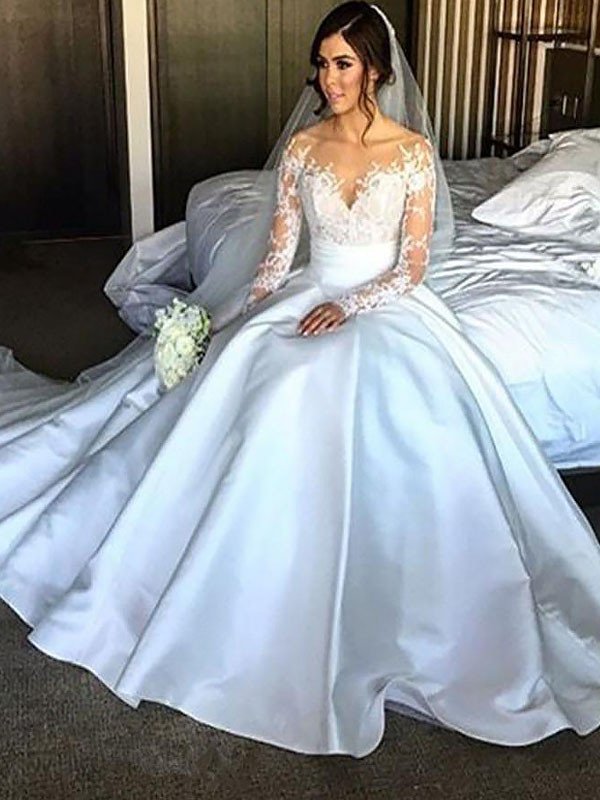 Satin Sleeves Court Ball Long Gown Train Wedding Dresses