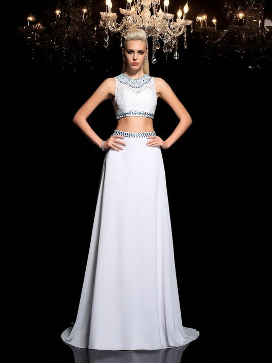 A-Line/Princess Long Beading Jewel Chiffon Sleeveless Two Piece Dresses