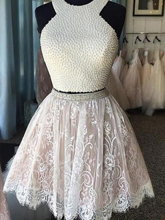 Sleeveless Short/Mini Lace A-Line/Princess Pearls Halter Two Piece Dresses