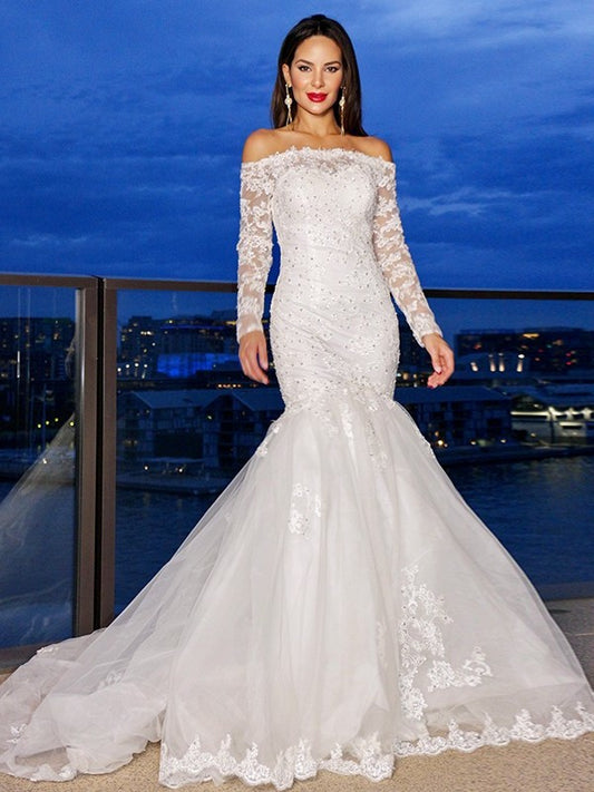 Long Sweep/Brush Lace Trumpet/Mermaid Sleeves Off-the-Shoulder Tulle Train Wedding Dresses