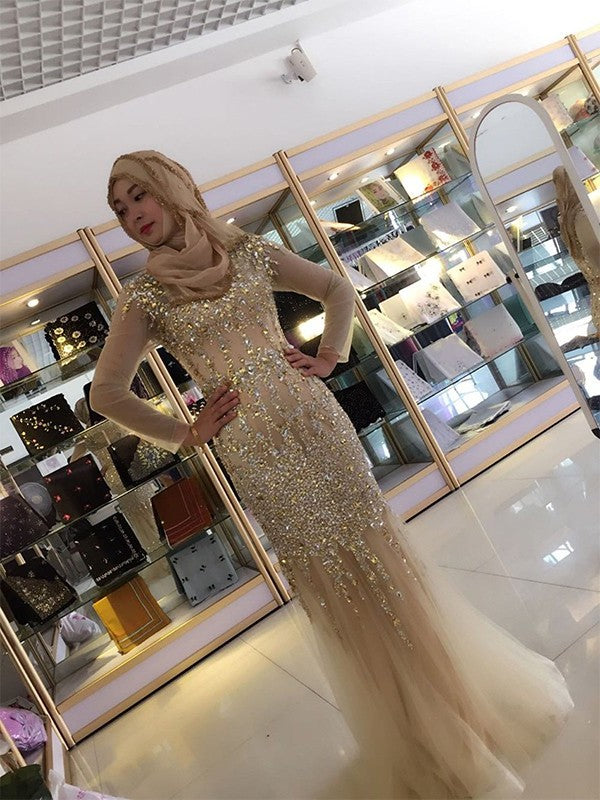 Sequin Scoop Sheath/Column Floor-Length Long Sleeves Tulle Muslim Dresses
