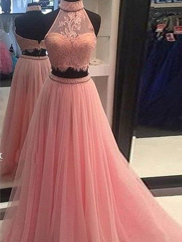 Tulle A-Line/Princess Lace Sleeveless Floor-Length High Neck Two Piece Dresses