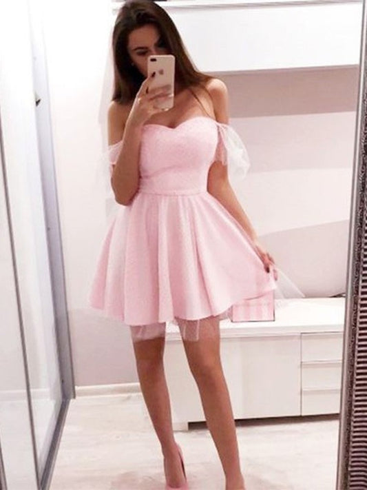 Short Ruffles A-Line/Princess Sleeves Off-the-Shoulder Tulle Short/Mini Homecoming Dresses