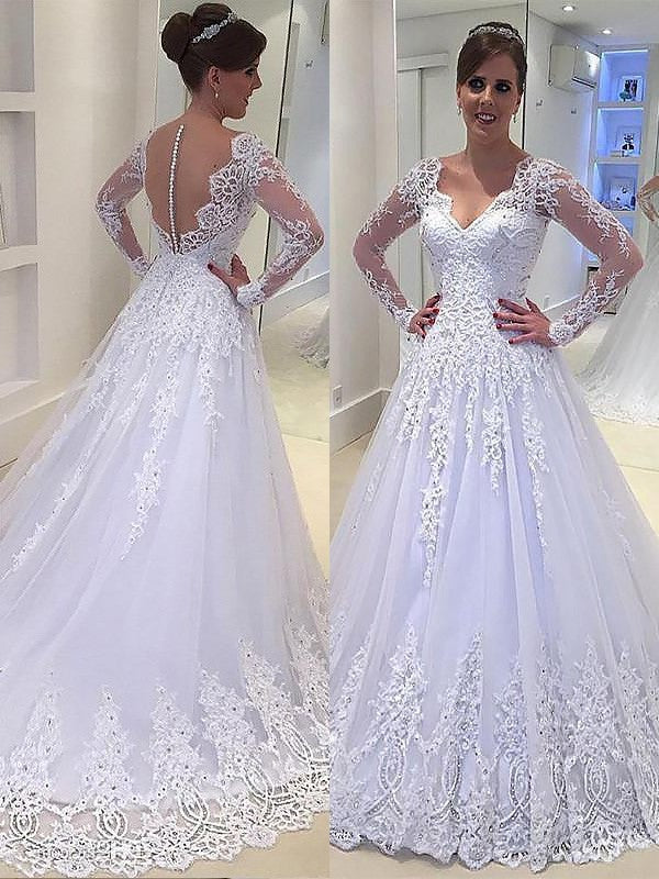 A-Line/Princess Long Applique Train Tulle V-neck Court Sleeves Wedding Dresses