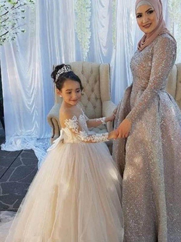 Sleeves Train Tulle Ball Off-the-Shoulder Gown Sweep/Brush Applique Long Flower Girl Dresses