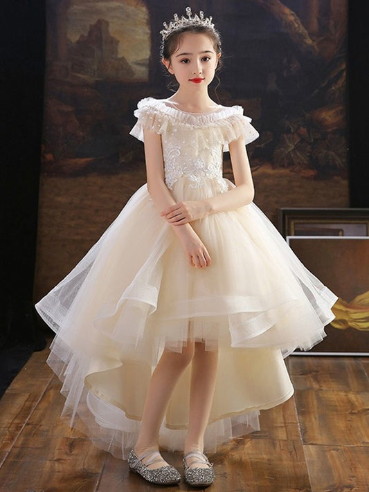 Tulle Sleeves A-Line/Princess Off-the-Shoulder Asymmetrical Applique Short Flower Girl Dresses