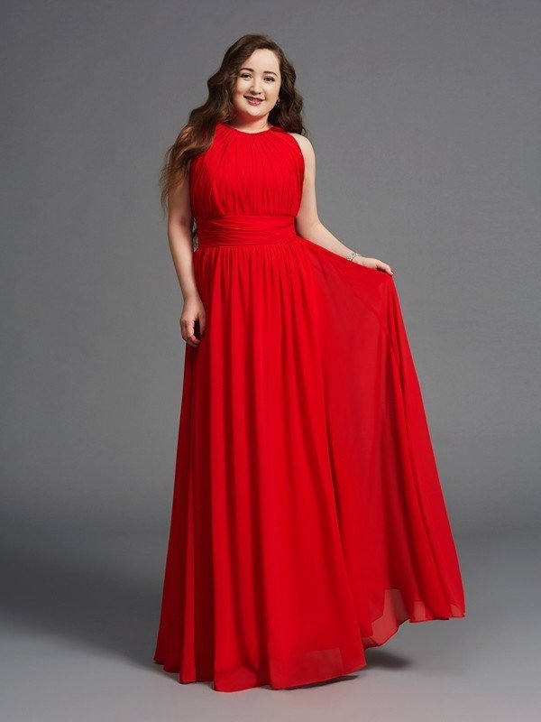 Jewel Long Sleeveless Chiffon A-Line/Princess Ruched Plus Size Dresses