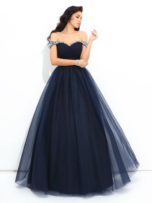 Long Off-the-Shoulder Sleeveless Beading Ball Gown Net Quinceanera Dresses