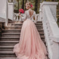V-neck Long Gown Court Ball Train Sleeves Applique Tulle Wedding Dresses