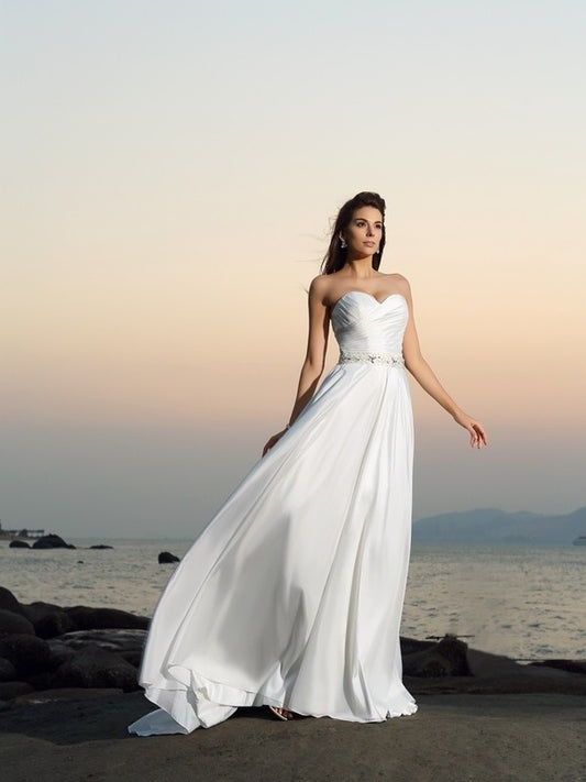 Sleeveless Beading A-Line/Princess Long Taffeta Sweetheart Beach Wedding Dresses