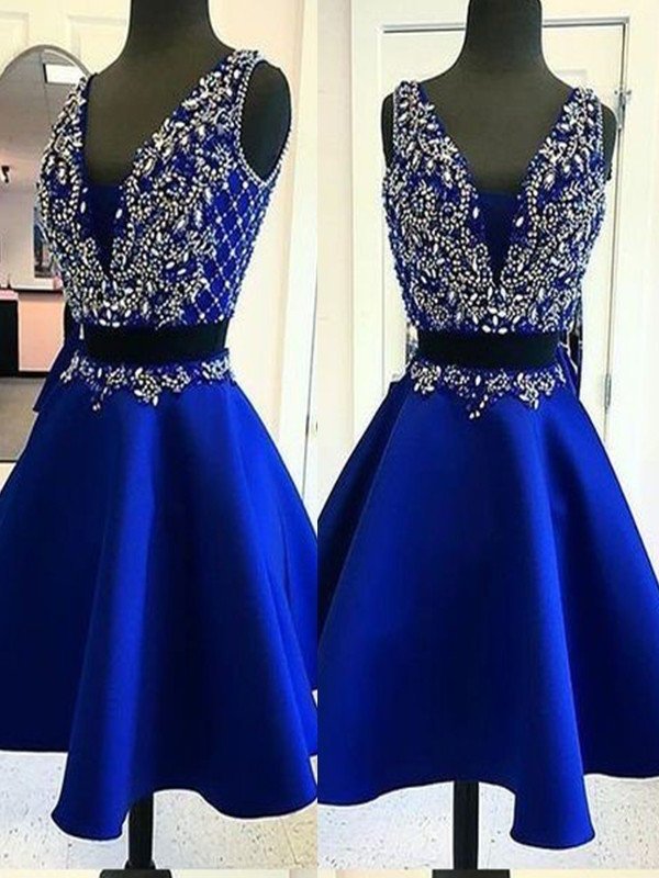 Two Beading Short/Mini Sleeveless A-Line/Princess V-neck Satin Piece Homecoming Dress