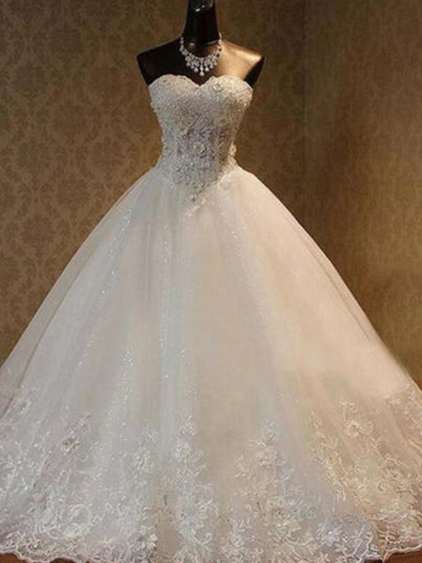 Ball Beading Sleeveless Sweetheart Tulle Gown Floor-Length Wedding Dresses