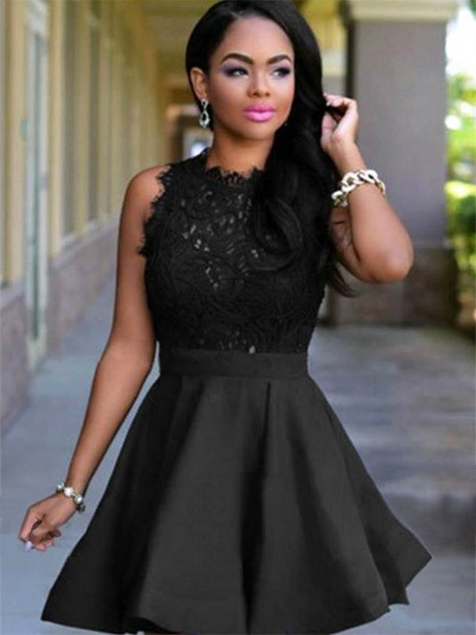 Lace Cut Satin With A-Line Short Jewel Black Homecoming Dresses