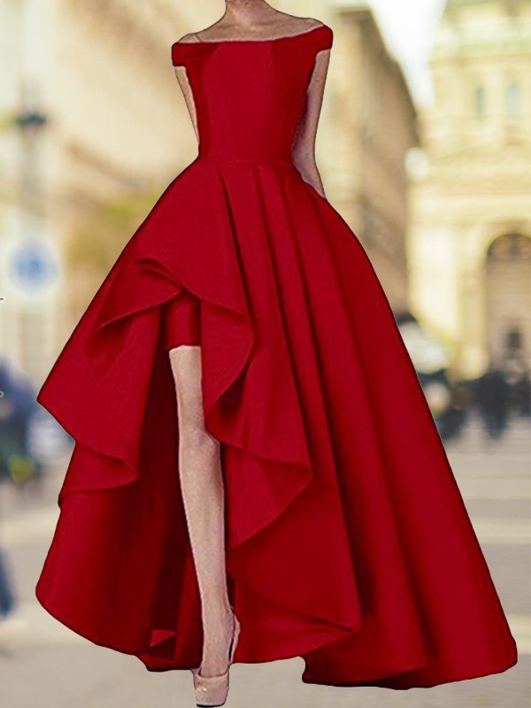 A-Line/Princess Off-the-Shoulder Sleeveless Asymmetrical Satin Dresses