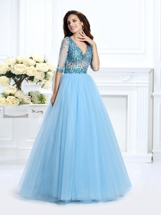 Beading V-neck Gown Ball Long Sleeves 1/2 Satin Quinceanera Dresses