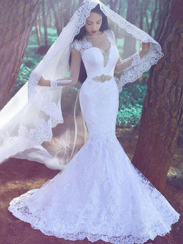 Trumpet/Mermaid Applique Long Sleeves Lace Sweetheart Court Train Wedding Dresses