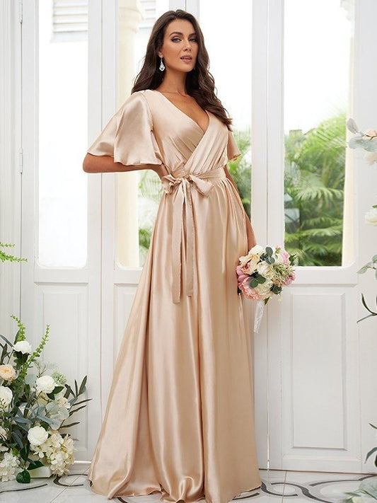 Silk A-Line/Princess V-neck Sash/Ribbon/Belt Sleeves like Satin Short Floor-Length Bridesmaid Dresses