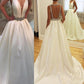 A-Line/Princess V-neck Satin Train Court Sleeveless Wedding Dresses