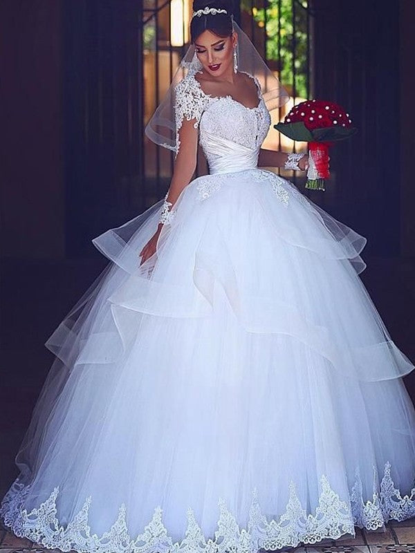 Sleeves Sweetheart Long Lace Ball Floor-Length Gown Tulle Wedding Dresses