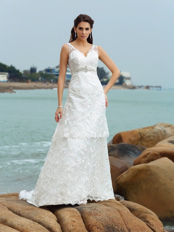 Applique Straps Long Sleeveless A-Line/Princess Satin Beach Wedding Dresses