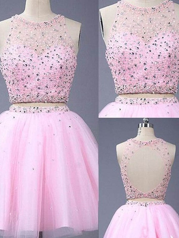 Scoop A-Line/Princess Sleeveless Tulle Beading Short/Mini Two Piece Dresses