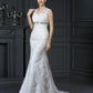 V-neck Sheath/Column Beading Sleeveless Long Lace Wedding Dresses