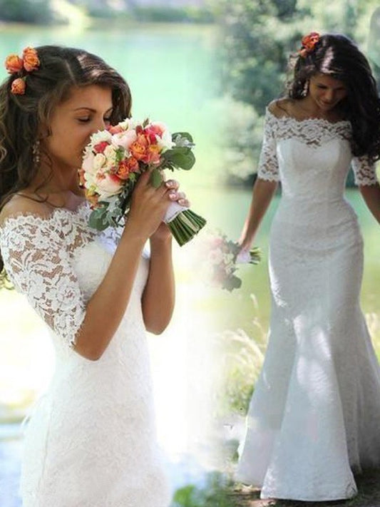 Off-the-Shoulder Sweep/Brush 1/2 Lace Sleeves Trumpet/Mermaid Train Wedding Dresses