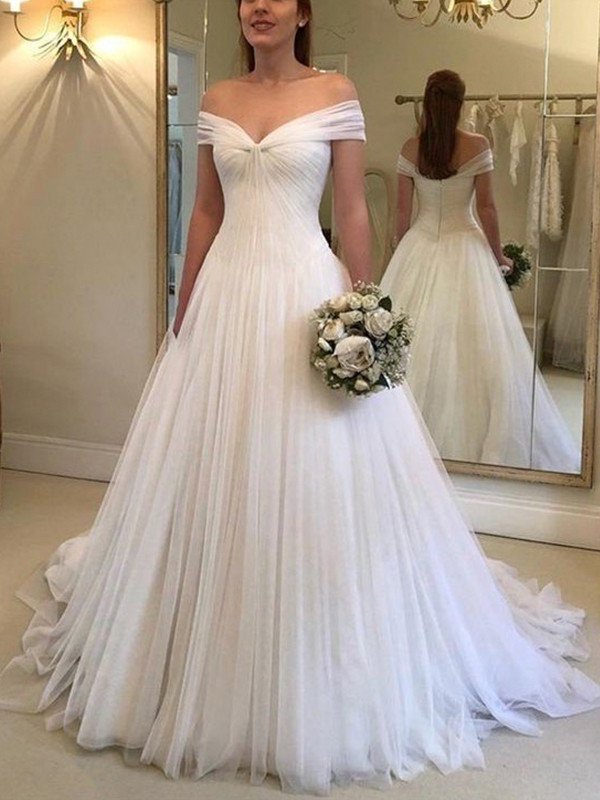 Ruched Sweep/Brush Off-the-Shoulder Sleeveless A-Line/Princess Train Tulle Wedding Dresses