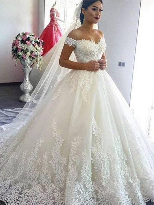 Train Ball Sweep/Brush Sleeveless Lace Gown Off-the-Shoulder Tulle Wedding Dresses