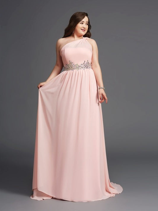 One-Shoulder A-Line/Princess Sleeveless Long Chiffon Rhinestone Plus Size Dresses